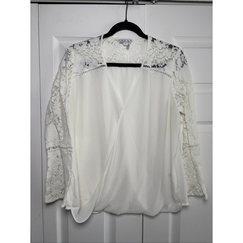 Landa Dora Landa Lace Sleeve Faux Wrap Blouse Womens Size L White Boho Chiffon